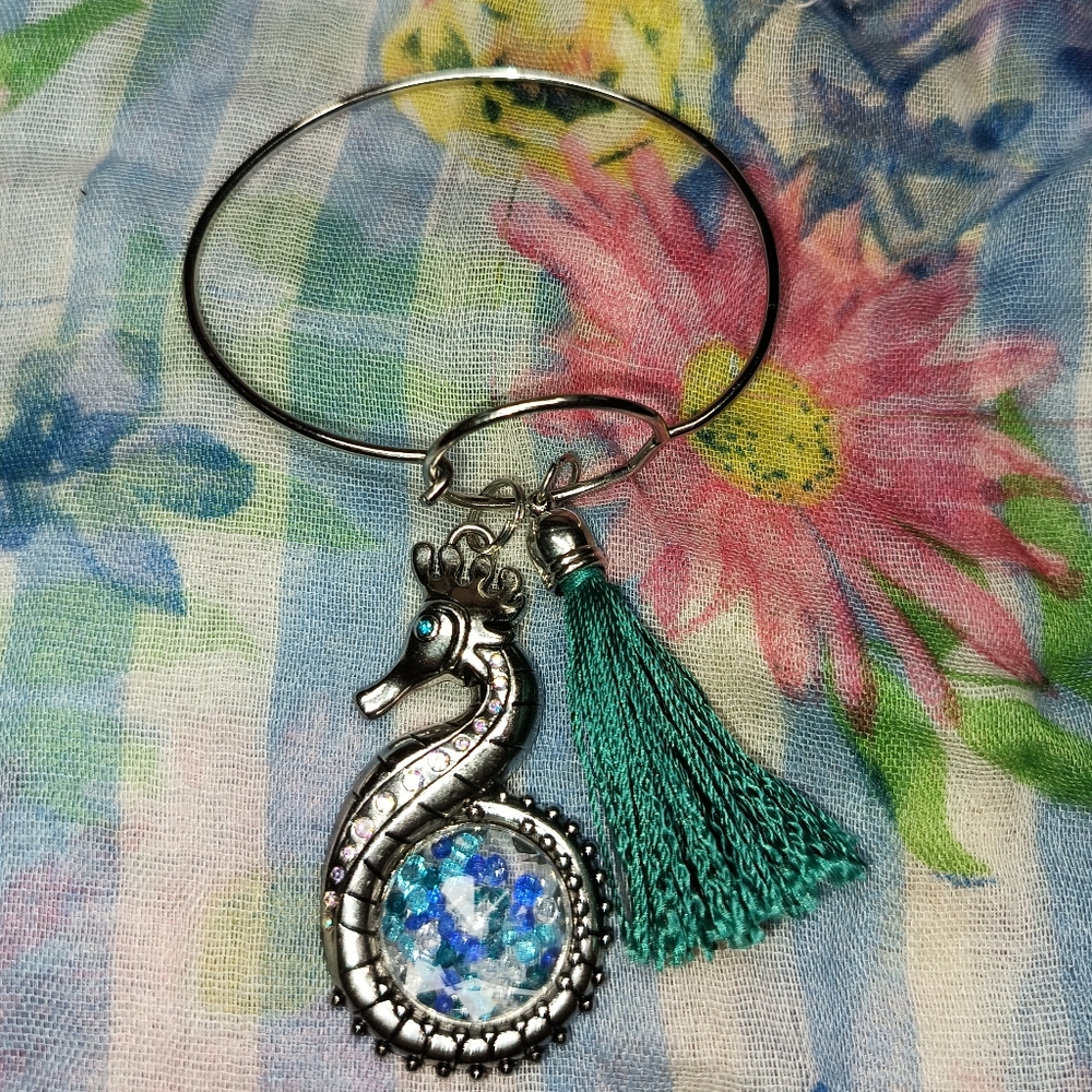 Silver Seahorse Bracelet with Teal Tassel